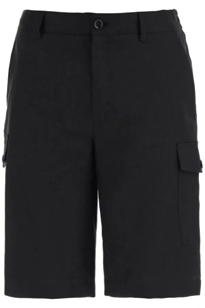 Dolce & Gabbana Black Bermuda Shorts With Logo Patch In Linen Man