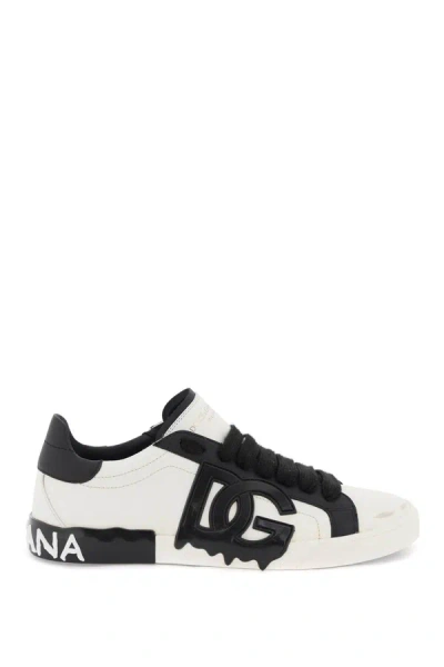 Dolce & Gabbana Portofino Leather Sneakers In White,black