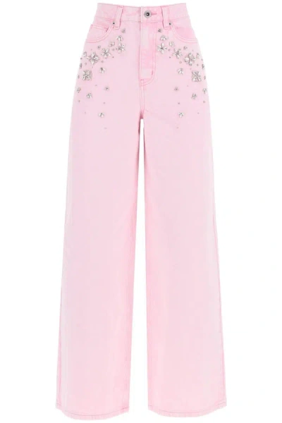 Self-portrait Womens Pink Crystal-embellished Wide-leg Mid-rise Jeans