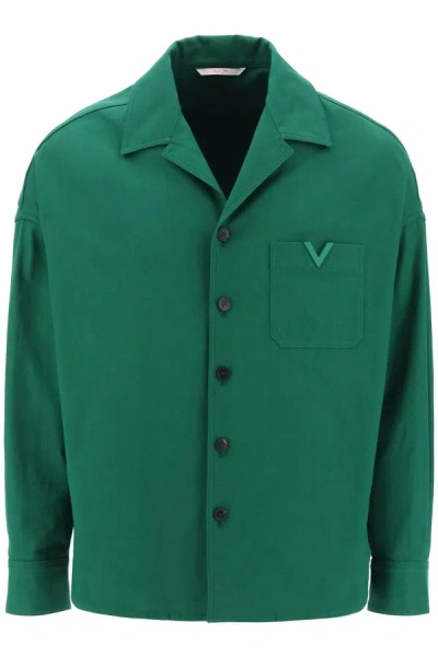 Valentino Logo Plaque Long-sleeved Overshirt In Green