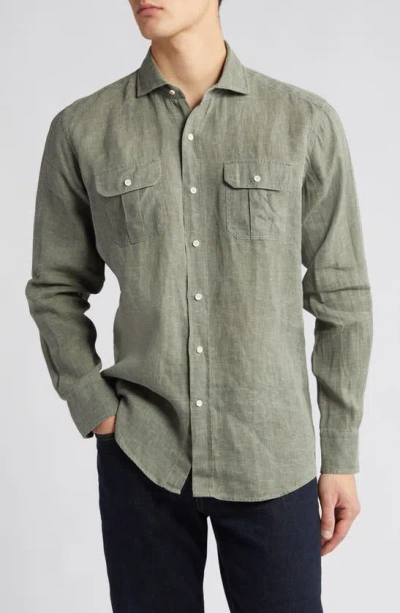 Peter Millar Florian Slub Linen Button-up Shirt In Sage Fog