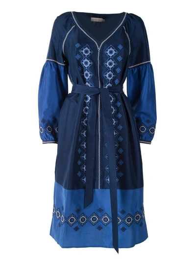 Tory Burch Katya Embroidered Washed Silk-satin Tunic Dress In Blu