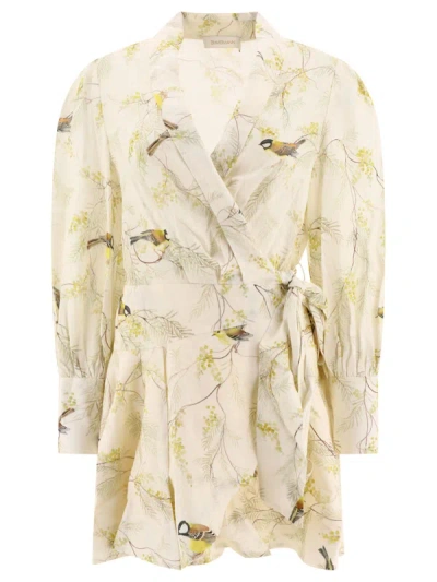 Zimmermann Floral Print Linen Wrap Mini Dress In Ivory