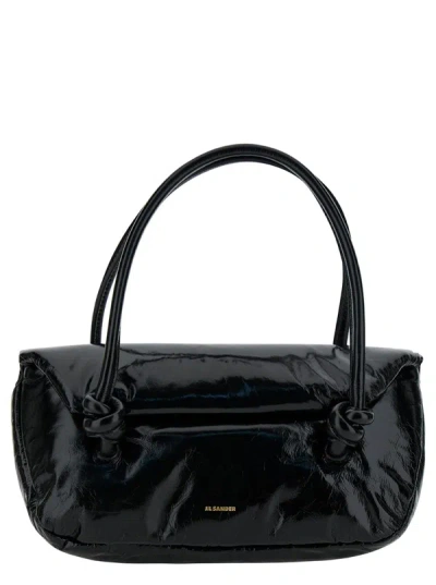 Jil Sander 'knot Small' Black Shoulder Bag With Laminated Logo In Patent Leather Woman