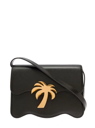 Palm Angels 'palm Beach' Black Medium Shoulder Bag With Palm Tree Silhouette In Leather Woman