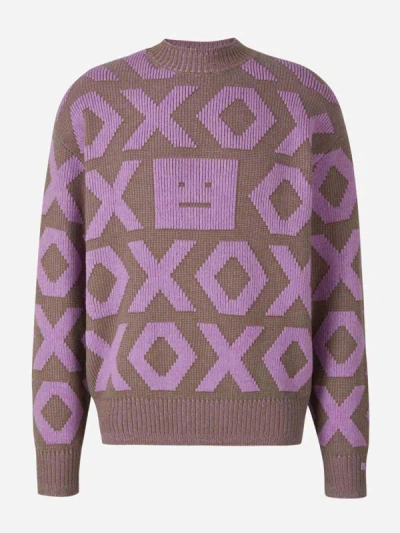 Acne Studios Knitted Graphic Sweater In Taupe And Lavender