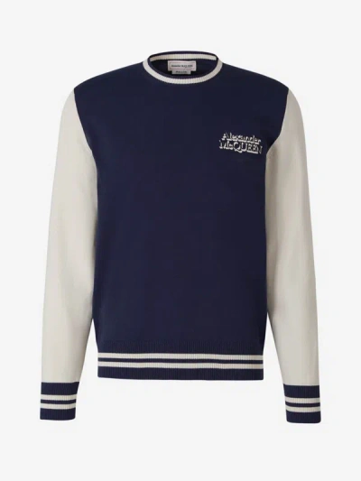 Alexander Mcqueen Two-tone Varsity Sweatshirt In Navy Blue And Ivory