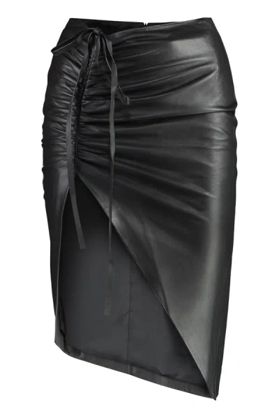 Andreädamo Asymmetric Ruched Leather Skirt In Black