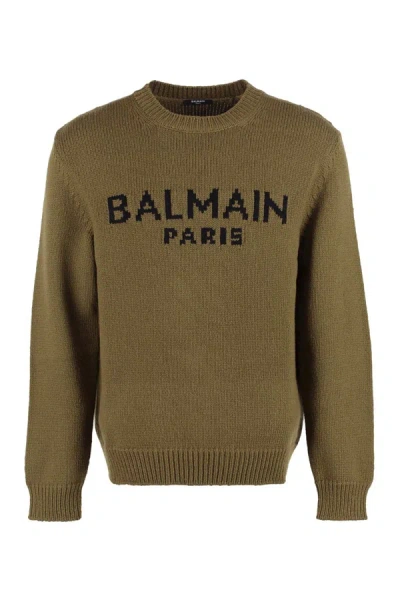 Balmain Logo Intarsia Crewneck Sweater In Khaki