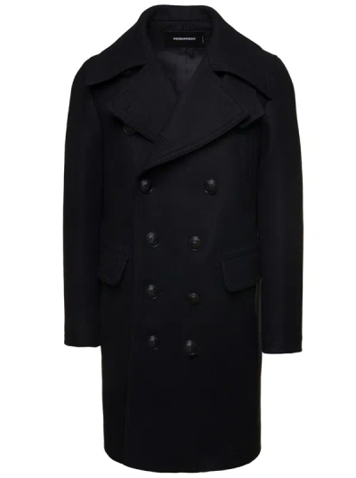 DSQUARED2 BLACK COAT WITH DOUBLE-BREASTED FASTENING AND BRANDED BUTTONS IN WOOL MAN