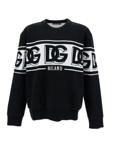 Dolce & Gabbana Black Crewneck Sweater With Dg Motif In Wool Blend Man In Nero Bianco
