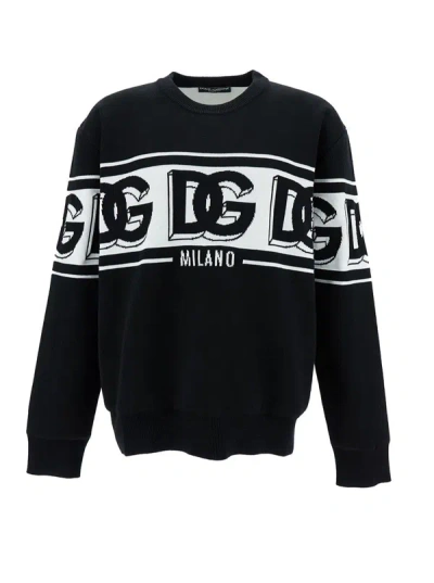 Dolce & Gabbana Black Crewneck Jumper With Dg Motif In Wool Blend Man In Nero Bianco