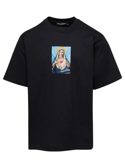DOLCE & GABBANA BLACK CREWNECK T-SHIRT WITH PRINT AND FUSIBLE RHINESTONE IN COTTON MAN