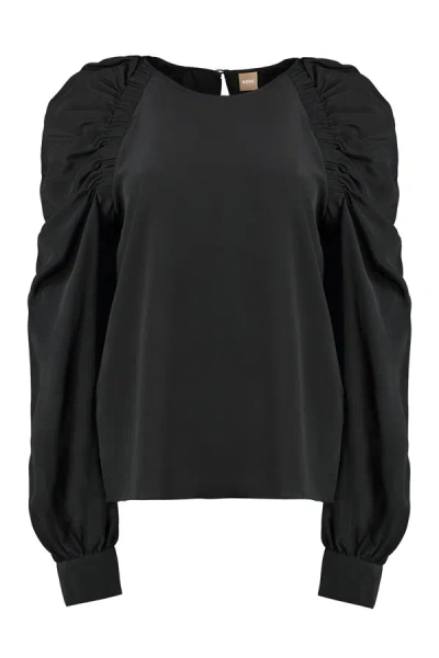 Hugo Boss Regular-fit Silk Top With Ruched Sleeves In Black