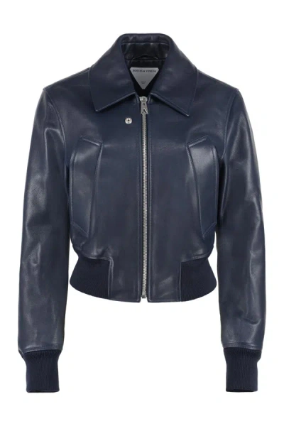 Bottega Veneta Leather Bomber Jacket In Blue