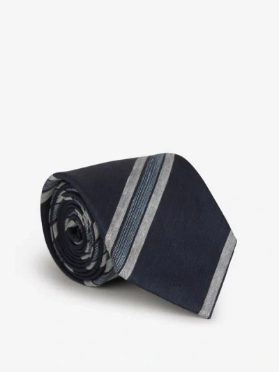 Brioni Linen And Silk Tie In Midnight Blue And Grey