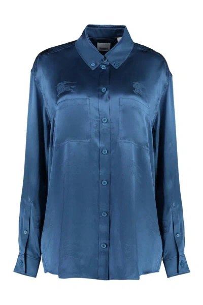 Burberry Ekd Silk Jacquard Shirt In Muted Navy