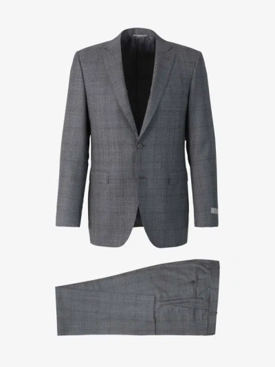 Canali Prince Of Wales Wool Suit In Stone Grey