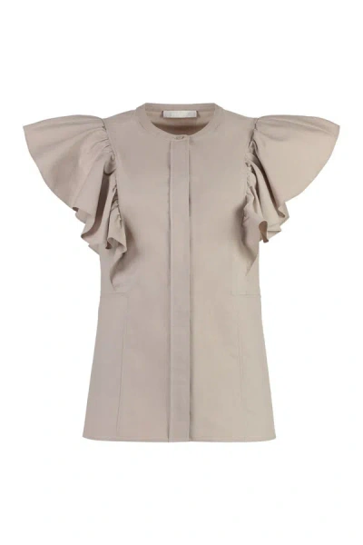 Chloé Ruffled Cotton Top With Buttoned Front Fastening For Women In Beige