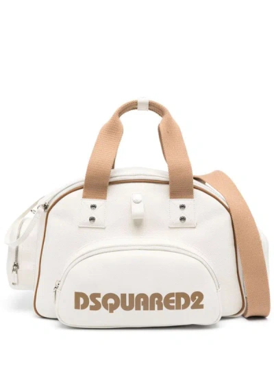 Dsquared2 Logo-print Leather Duffle Bag In Ecru'