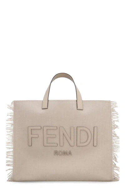 Fendi Jacquard Fabric Tote In Sand