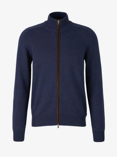 Gran Sasso Wool Knitted Cardigan In Indigo Blue And Camel