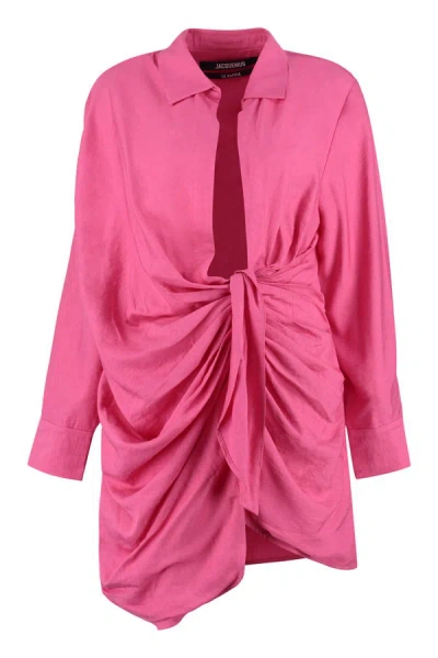 Jacquemus Bahia Asymmetric Mini Dress In Fuchsia