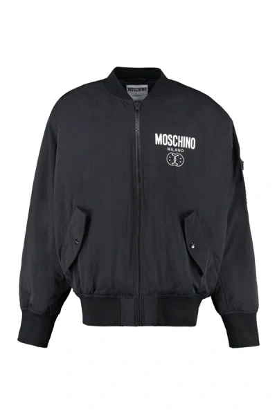 Moschino Logo Print Nylon Bomber Jacket In Black