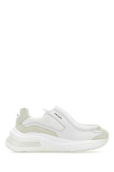 Prada Men's Systeme Brushed Leather Sneakers With Bike Fabric In White