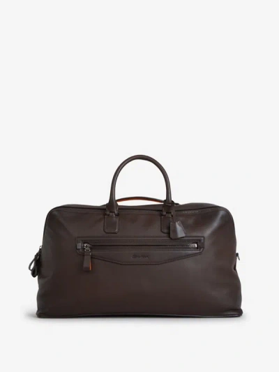 Santoni Leather Travel Bag In Dark Brown