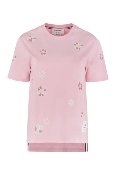 Thom Browne Embroidered Cotton T-shirt In Pink