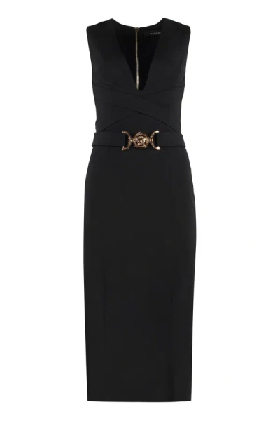 Versace Black Midi Dress With Criss-cross Belt And Medusa Buckle In Stretch Viscose Woman In Nero