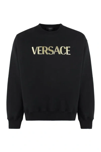 Versace Logo Detail Cotton Sweatshirt In Black