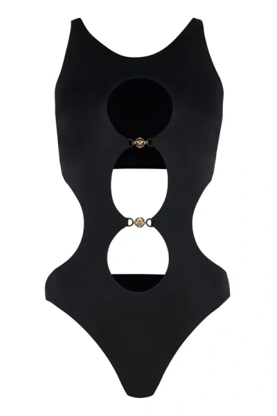 Versace Medusa 标牌细节连体泳衣 In Black