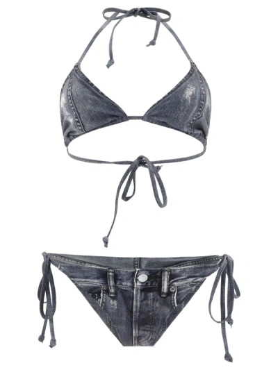 Acne Studios Printed Triangle Denim Effect Bikini Set In Navy