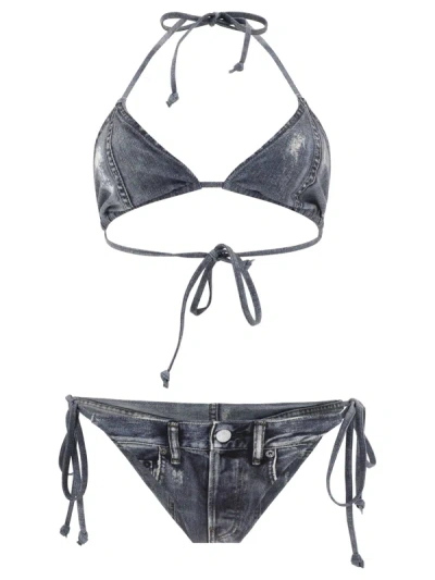 Acne Studios Printed Triangle Denim Effect Bikini Set In Blue