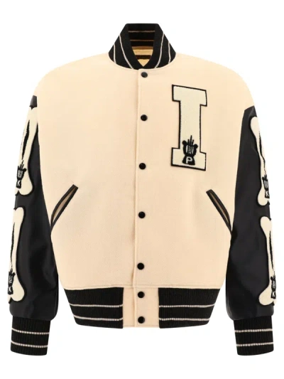 Kapital Faux Leather And Wool-blend Varsity Jacket In Beige