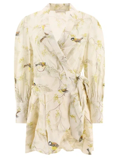 Zimmermann Floral Print Linen Wrap Mini Dress In White