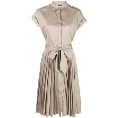 Kiton Belted Silk-blend Pleated Dress In Neutrals