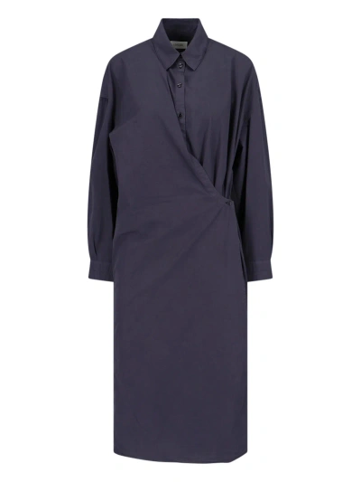 Lemaire Long Sleeved Wrapped Midi Dress In Blue