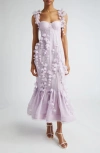 Zimmermann Floral-appliqué Linen And Silk Bustier Gown In Lilac