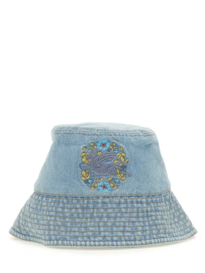 Etro Bucket Hat With Pegasus Embroidery In Dark Wash