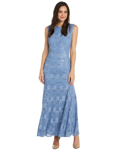 R & M Richards Petite Sequin Lace Gown In Dusty Blue
