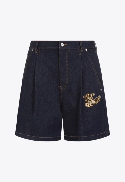 Off-white Men's Pleated 90s Logo Raw Denim Shorts In Blue,gold