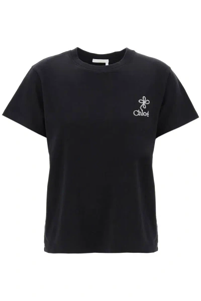 Chloé Chloe' Contrast Embroidered Logo T-shirt With Contrasting In Black