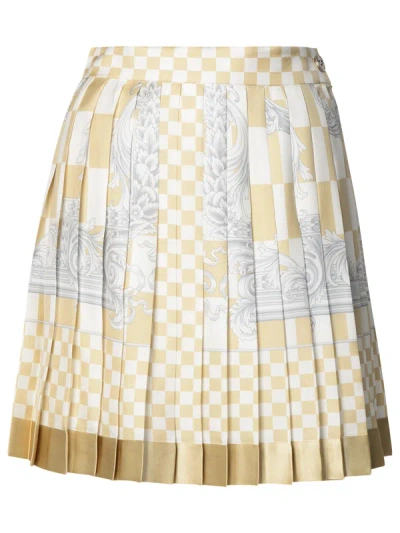 Versace Barocco Checkerboard-print Silk Miniskirt In Cream