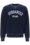 Dsquared2 Distressed Effect Cool Fit Brushed Cotton Crewneck Sweater In Blue