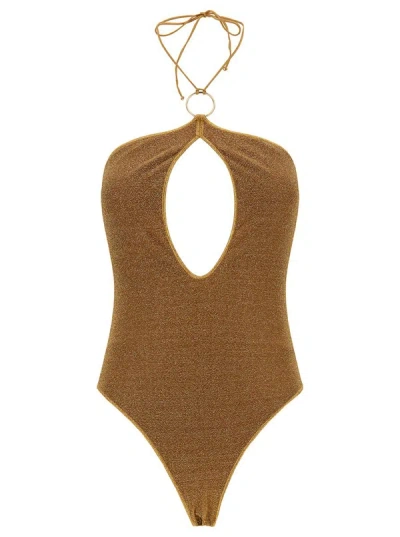 Oseree 'lumière' Gold One-piece Swimsuit With Cut-out And Ring In Polyamide Blend Woman In Grey