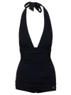 DOLCE & GABBANA BLACK GATHERED ONE-PIECE SWIMSUIT WITH LOGO PATCH IN STRETCH POLYAMIDE WOMAN