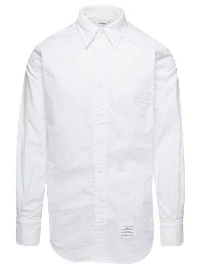 THOM BROWNE WHITE SHIRT WITH POINTED COLLAR AND LOGO PATCH IN COTTON MAN